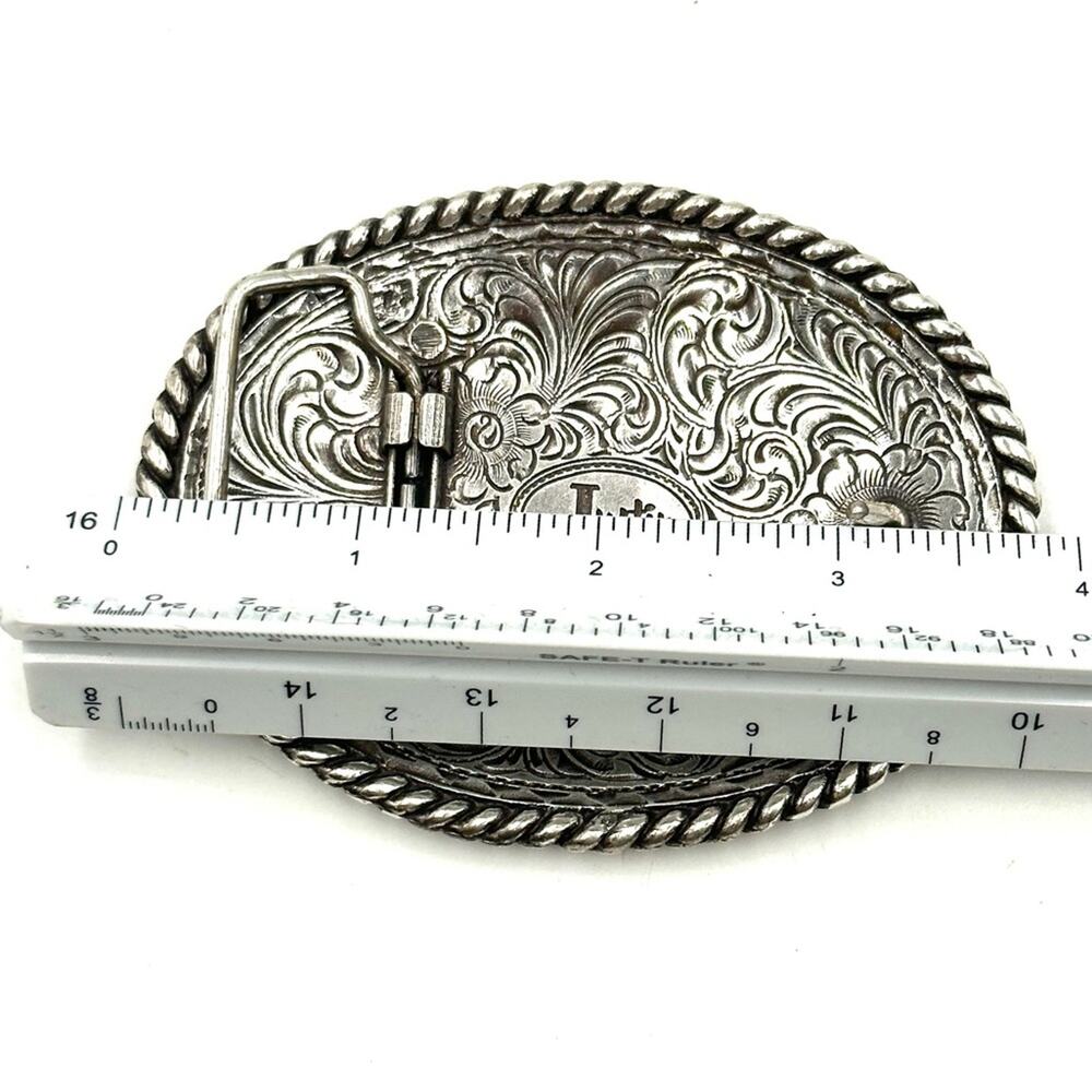 Justin Brand Western Belt Buckle 4'' x 3" Silver Color Floral Rodeo - Picture 3 of 6